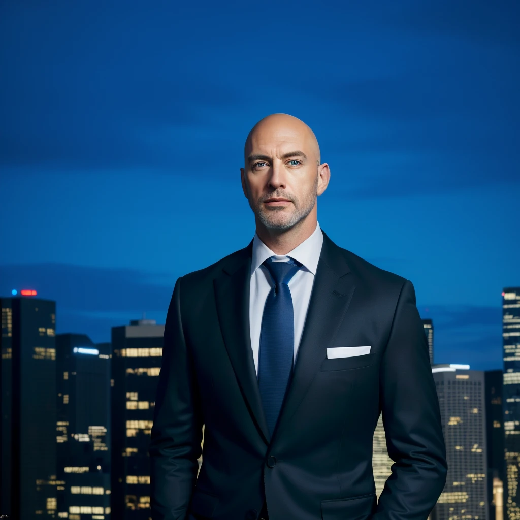(absurdres, highres, ultra detailed, realistic, ), 1 male, solo, adult, mature, tall muscular guy, broad shoulders, handsome, very short hair, bald, blue eyes, angular bearded jaw, thick neck, thick eyebrows, night, dark, the night view of the city background, formal suit, necktie, upper body
