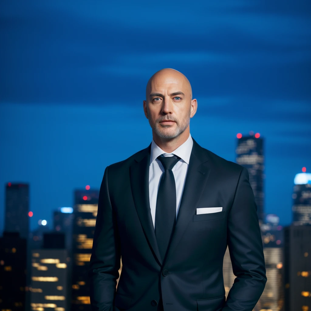 (absurdres, highres, ultra detailed, realistic, ), 1 male, solo, adult, mature, tall muscular guy, broad shoulders, handsome, very short hair, bald, blue eyes, angular bearded jaw, thick neck, thick eyebrows, night, dark, the night view of the city background, formal suit, necktie, upper body