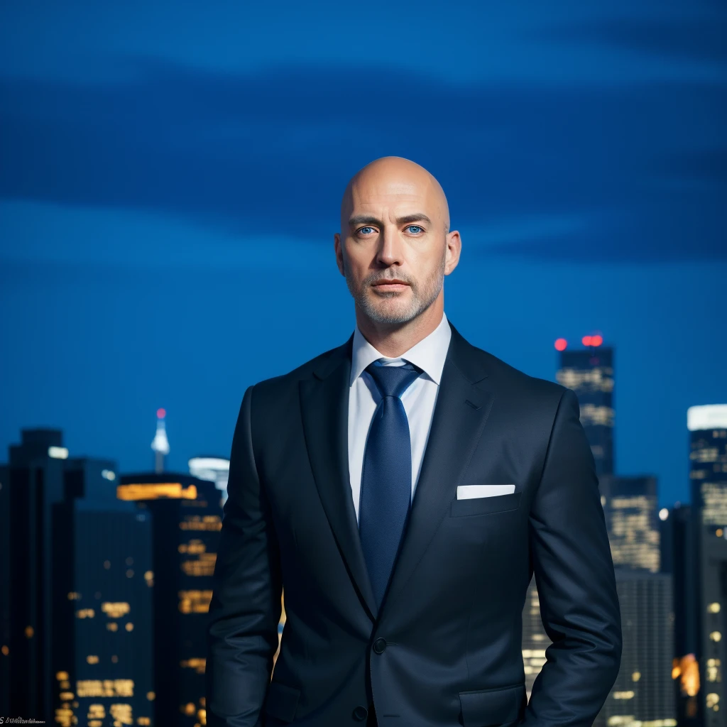 (absurdres, highres, ultra detailed, realistic, ), 1 male, solo, adult, mature, tall muscular guy, broad shoulders, handsome, very short hair, bald, blue eyes, angular bearded jaw, thick neck, thick eyebrows, night, dark, the night view of the city background, formal suit, necktie, upper body