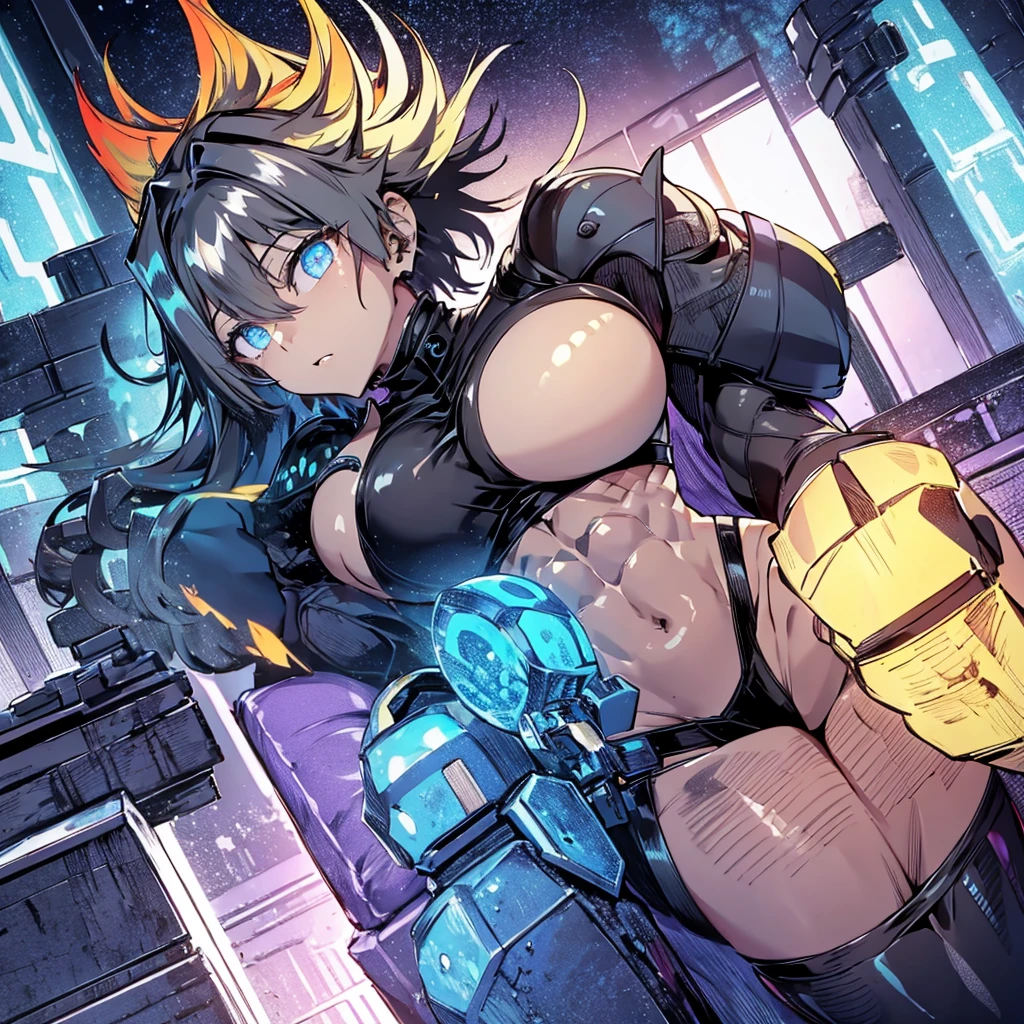 (waifu), ((giant throne)), ((huge throne)), marle barrock, ((long hair)), more background, medieval, (full body), (high resolution), (high res), great quality, mature, perfect eyes, strong shadows, detailed face, detailed abs, direct light, under light, strong jaw, massive ass, neon lights, thick thighs, long torso, wide waist, skinny torso, fit, perfect face, neon light, (tight armor), (colorful vibrant light),