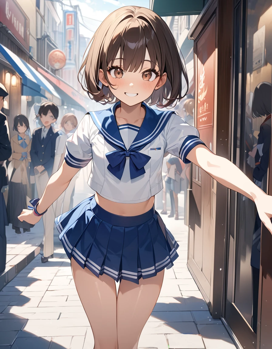 (Highest qualityのイラスト:1.2), (Beautiful girls:1.1), (1 Girl、17 years old、Highest qualityのイラスト:1.2), (1 Girl、Kind eyes、Brown eyes:1.2)、Short Bob Hair、(Highest quality、Very detailed、cute、Ultra-high resolution) 、Sailor suit、Shy smile 0.5、Street Performance
