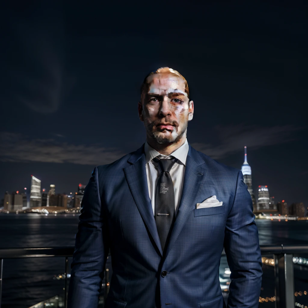 (absurdres, highres, ultra detailed, realistic, ), 1 male, solo, adult, mature, tall muscular guy, broad shoulders, handsome, very short hair, bald, blue eyes, angular bearded jaw, thick neck, thick eyebrows, night, dark, the night view of the city background, formal suit, necktie, upper body
