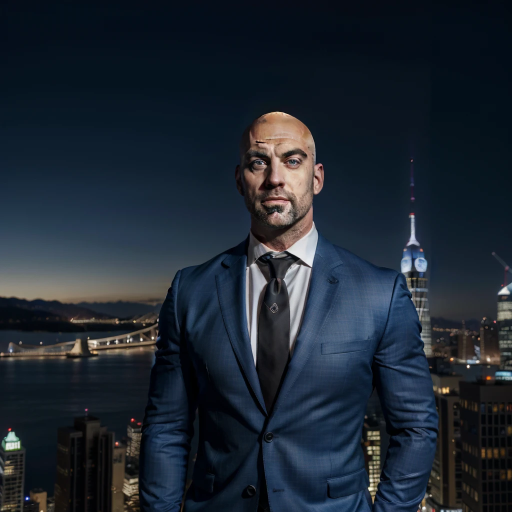 (absurdres, highres, ultra detailed, realistic, ), 1 male, solo, adult, mature, tall muscular guy, broad shoulders, handsome, very short hair, bald, blue eyes, angular bearded jaw, thick neck, thick eyebrows, night, dark, the night view of the city background, formal suit, necktie, upper body