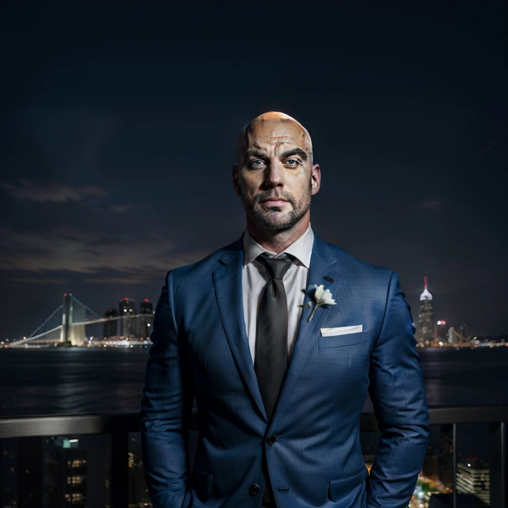 (absurdres, highres, ultra detailed, realistic, ), 1 male, solo, adult, mature, tall muscular guy, broad shoulders, handsome, very short hair, bald, blue eyes, angular bearded jaw, thick neck, thick eyebrows, night, dark, the night view of the city background, formal suit, necktie, upper body
