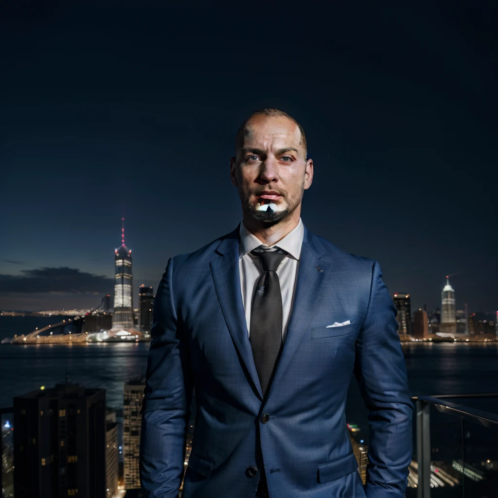 (absurdres, highres, ultra detailed, realistic, ), 1 male, solo, adult, mature, tall muscular guy, broad shoulders, handsome, very short hair, bald, blue eyes, angular bearded jaw, thick neck, thick eyebrows, night, dark, the night view of the city background, formal suit, necktie, upper body