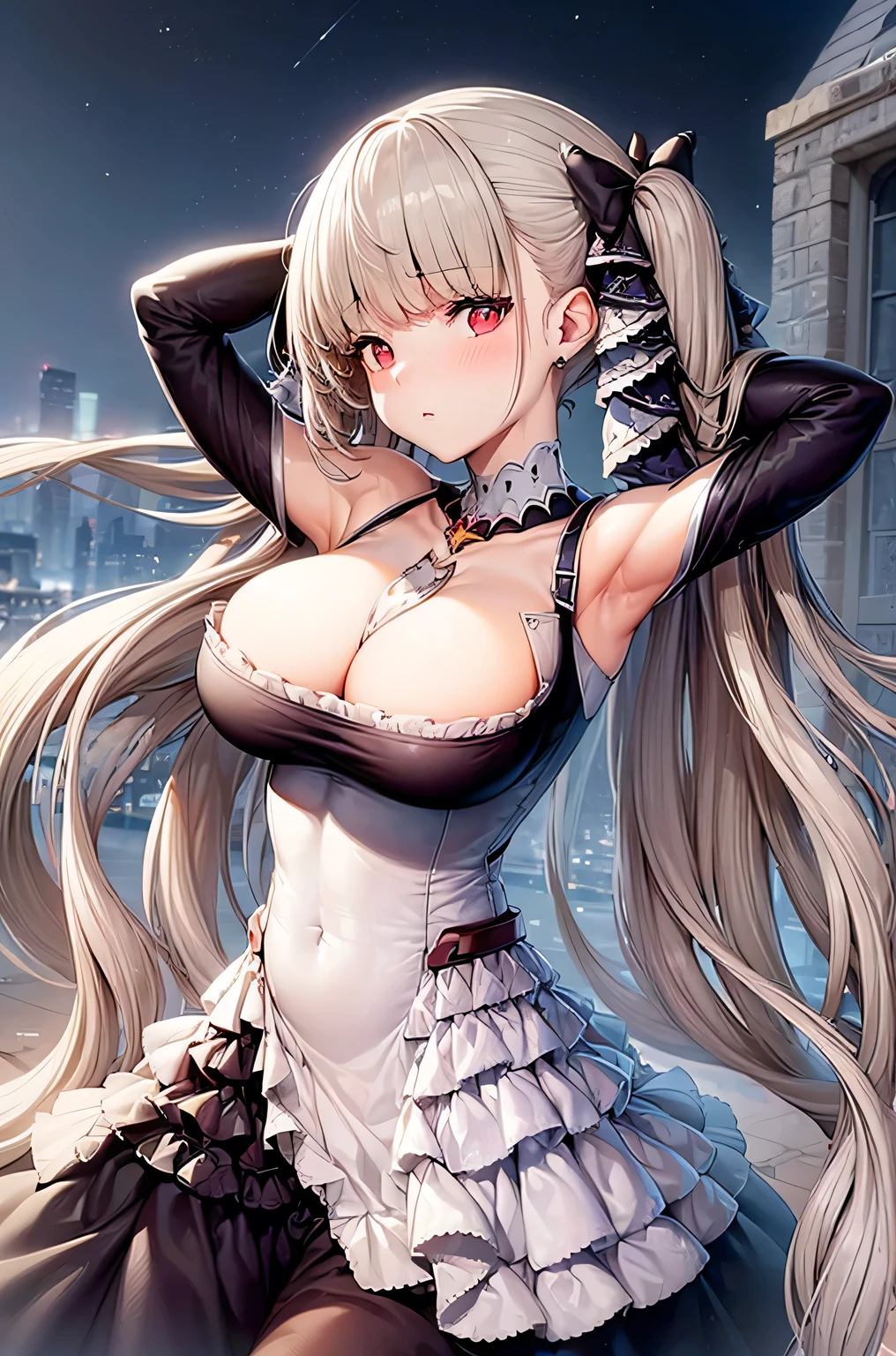 ((dress_default, terrific_default)):1.5,((solo, 1girl)) ((masterpiece,Highest quality,Highly detailed images,Beautiful images、Realistic、Dutch Angle)), (Bright lighting overall、Backlight、A fantastic atmosphere、Thick Fog、Dust flutters),(Dynamic pose、Beautiful cleavage、large breasts)1.2, ((Beautiful starry sky:1.5、Rooftop:1.2))((arms behind head))、Black sleeves
