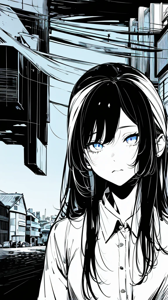 1girl,monochrome color, Blue Art, grayscales、masterpiece、top-quality、Top image quality、straight haired、Hanging eyes、kawaii、A darK-haired、blue eyes、the wind、Buildings,Tokyo,空を飛ぶ鯨