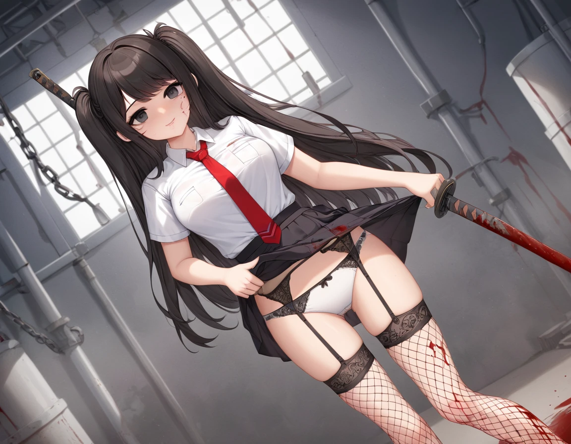 Girl with a Japan sword、Round, black eyes、Bloody short-sleeved shirt、A girl covered in blood after being splashed with blood. She lifts her skirt with both hands.、Showing off cute white underwear.、Black garter belt、Black rough fishnet stockings、A plain white shirt with short sleeves and a red tie、Standing posture、Abandoned Factory