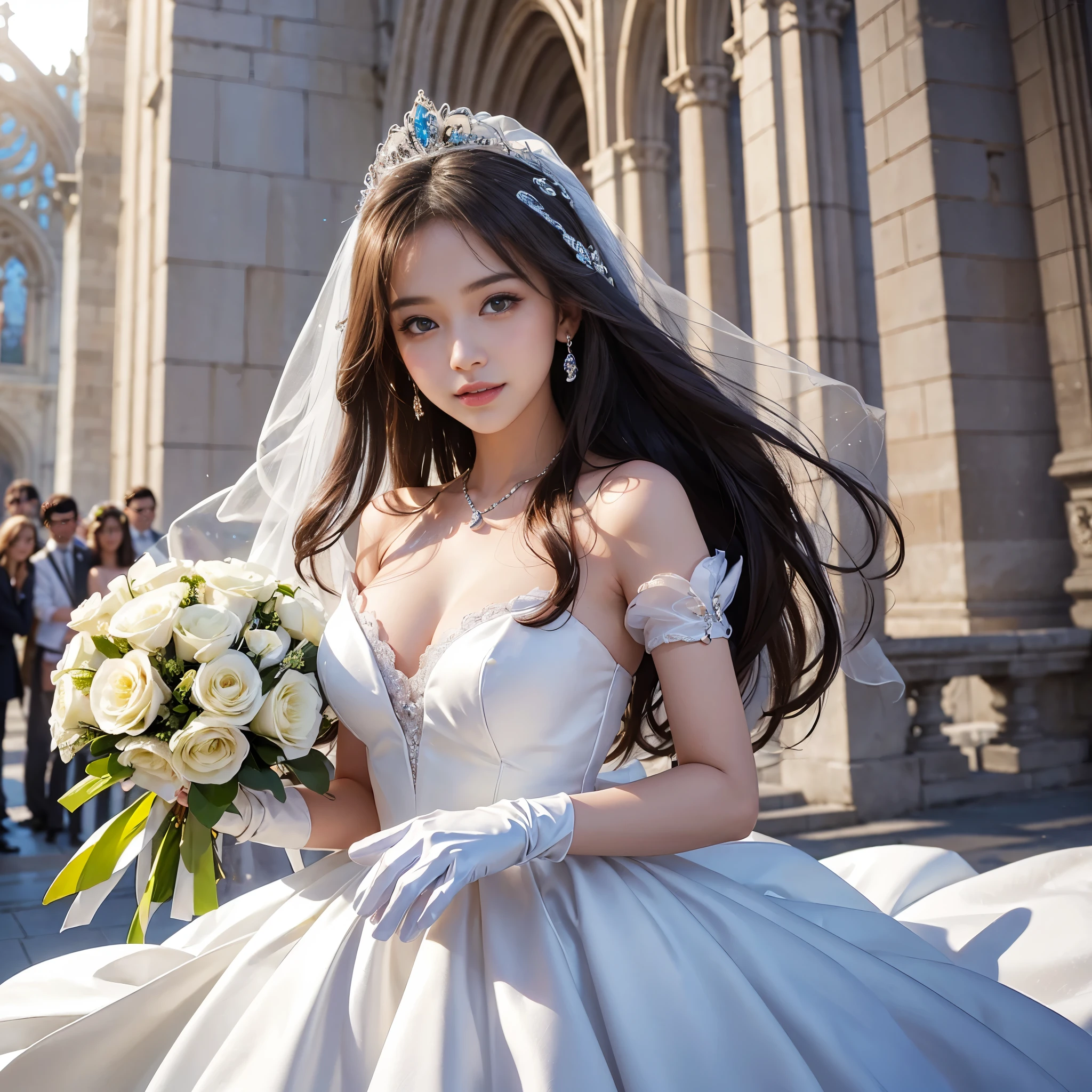 best quality, masterpiece, 1 girl, 5 fingers, long hair, huge laugh, cute , shiny lips, sweet, sun glare, Conservative attire, white gloves, bouquet, wedding dress, bridal tiara, depth of field, blurred background, Cathedral Background, light particles, strong wind, head tilt