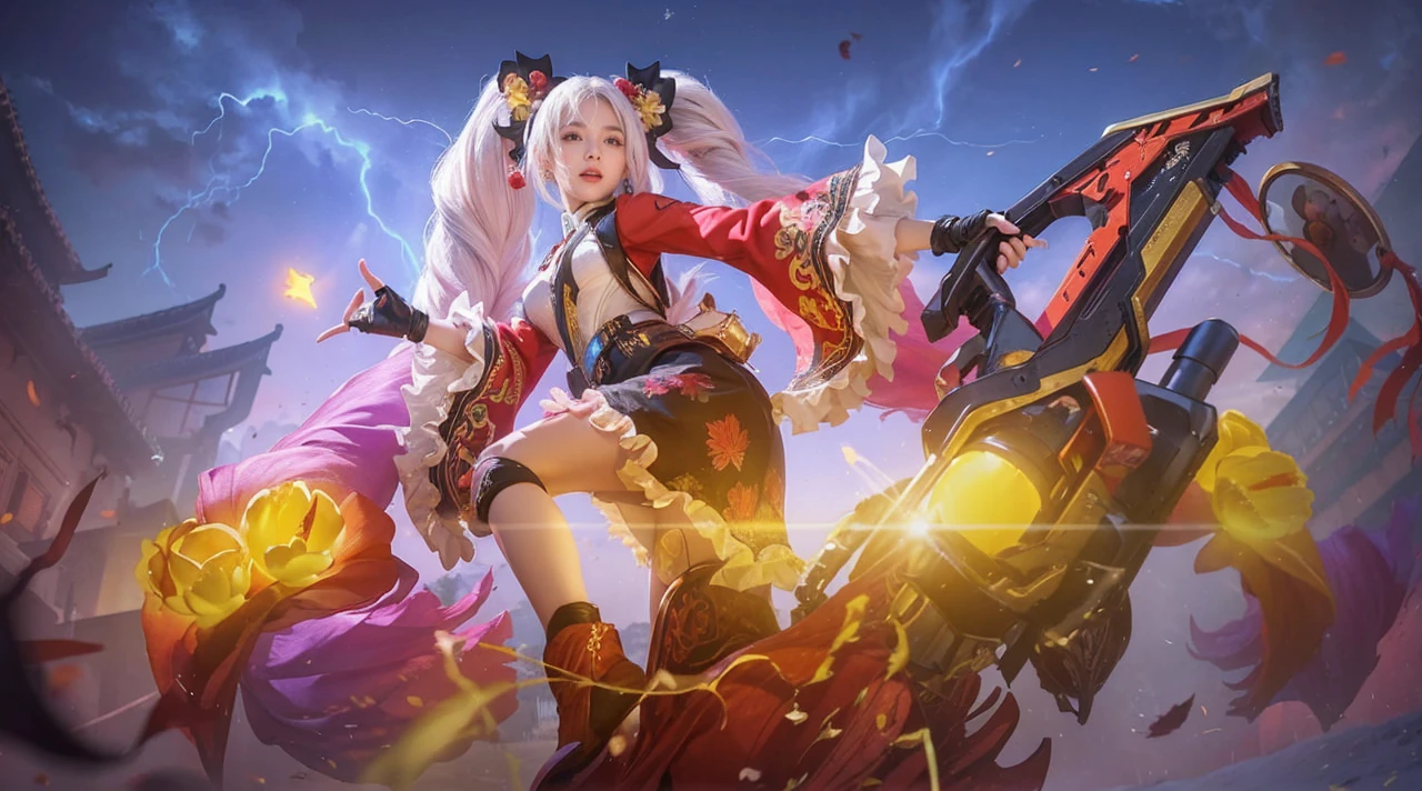 (white fox) ,(pink eyes) 48ก（Masterpiece，KHD，Hyper HD，48ก）black hairยาวสลวย，pond，Siding,teenage girl 18（Pleasing the girls）， （red scarf in the snow）， stand up， looking at camera， long white hair， floating hair， Chinese long sleeve silver battle robe， （Abstract water splash：1.2）， pink petals background，flying tulips（realistically：1.4），black hair，Autumn leaves sway，The background is pure.， High resolution， details， RAW photos， Sharp Re， Nikon D850 film stock photo by Jefferies Lee 4 Kodak Portra 400 F1 camera.6 shots, Various colors, พื้นผิวที่สดใสrealisticallyเป็นพิเศษ, incredible light, Unreal Engine Art Station Trends, Sinestir 800，black hairยาวสลวย，clear battle coat clothing