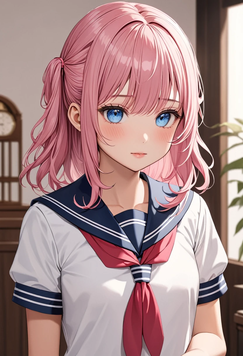 (masterpiece, top quality, very aesthetic, 4k、), intricate detail, 1girl,stand、upper body、front view,
Cute 、pink hair、middle hair,sidelock ,,blue eyes、sailor uniform、small breasts,Slim 、JK