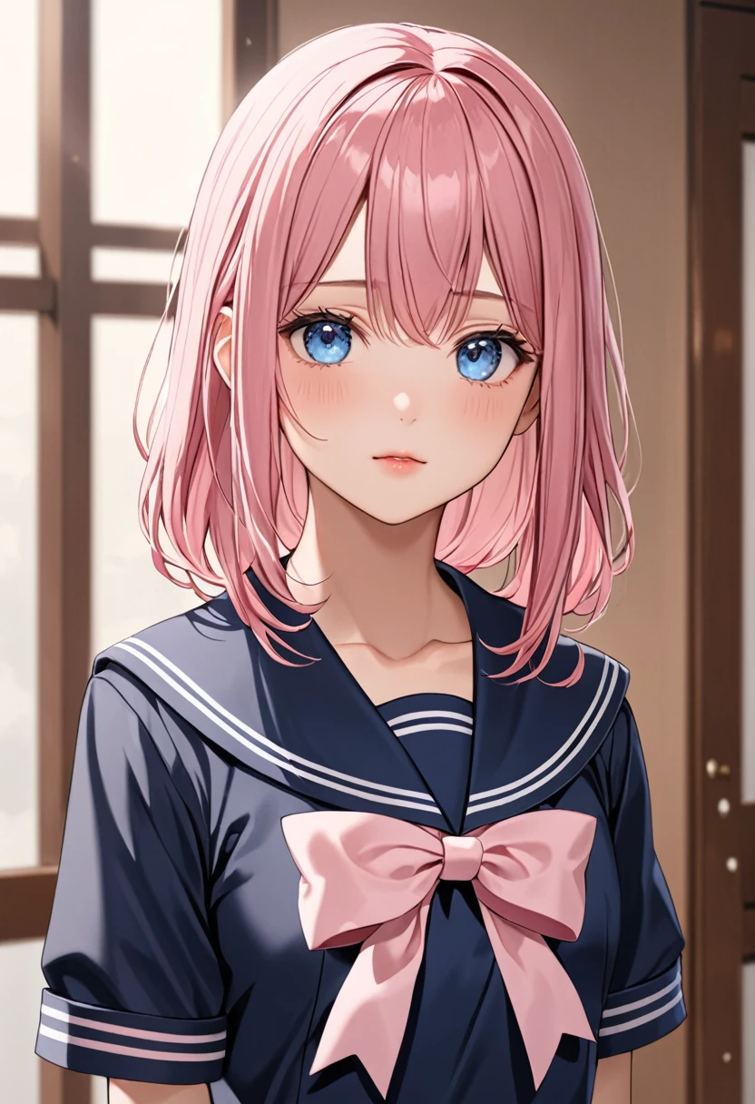 (masterpiece, top quality, very aesthetic, 4k、), intricate detail, 1girl,stand、upper body、front view,
Cute 、pink hair、middle hair,sidelock ,,blue eyes、sailor uniform、small breasts,Slim 、JK