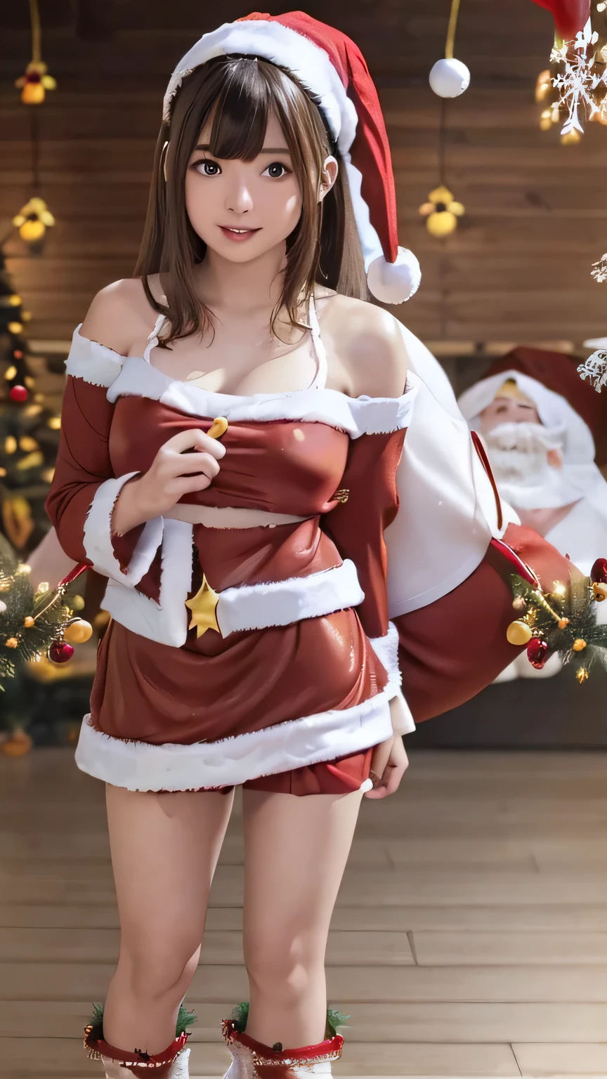 Purelos Face_v1, Highest quality, Realistic, 8K, High resolution, Full Color, One girl, woman, 20 years old woman, (Mouth closed:1.33), (Portraiture:0.6), wood, Dawn, ((Indoor background:1.52)), Full Color, ((Red miniskirt Santa costume:1.88)), View your viewers:1.8, (One girl eyes View your viewers:1.55), (Medium Hair, Brown Hair, Parted bangs:1.35), (Bokeh),Enako、Enako、Enako