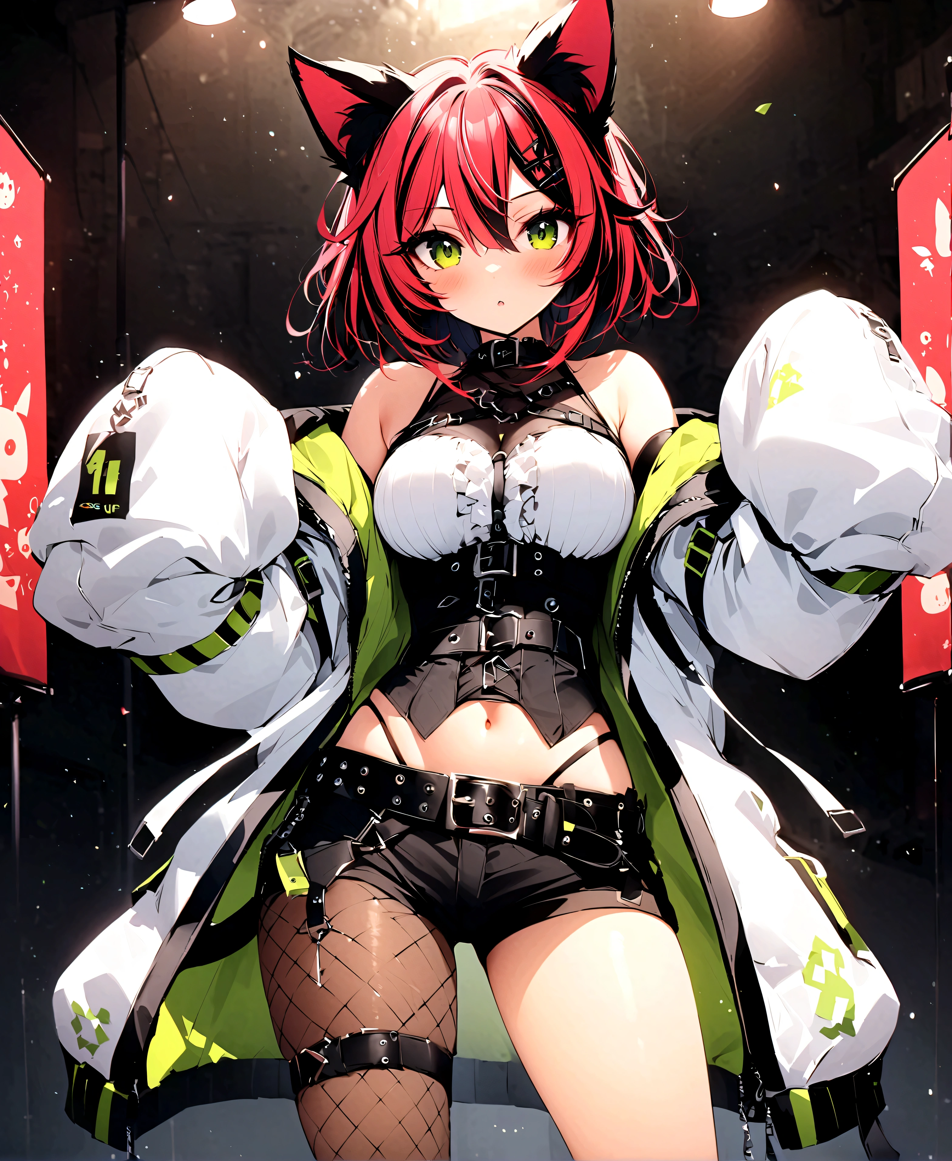 Cute girl, short red hair, orange eyes, cat ears, bra, big breasts, exposed stomach, short skirt, red cat gloves, almost naked, smile