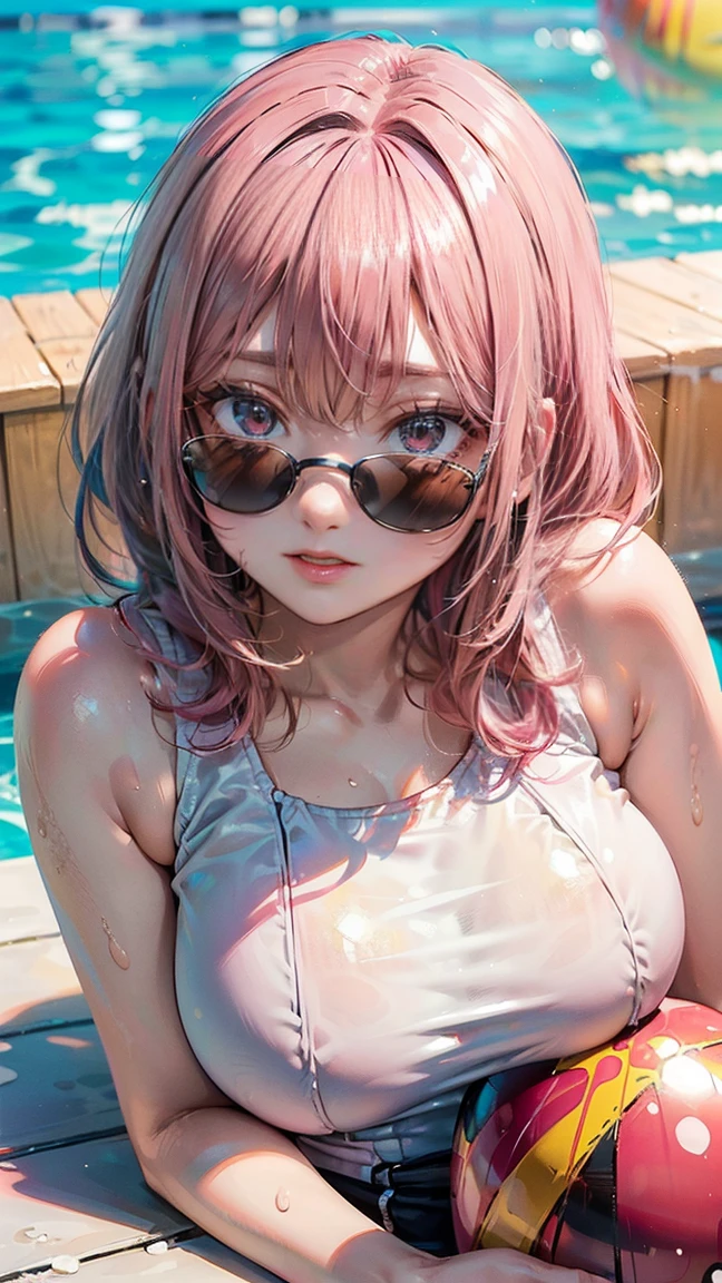 (Masterpiece, BestQuality:1.3), (ultra detailed:1.2), (hyperrealistic:1.3), (RAW photo:1.2), High detail RAW color photo, professional photograph, (Photorealistic:1.4), (realistic:1.4), (Pink Hair:1.5), professional lighting, perfect anatomy, (Big Breasts:1.2), (blush, detailed face), (A happy smile:1.7), sexly, erotic sexly, Random sexy gravure poses, (Beautiful cosplayer wearing a sexy white one-piece swimsuit、Lying by the pool in the sunshine。The black sunglasses and red beach ball add to the charm.。:1.3)