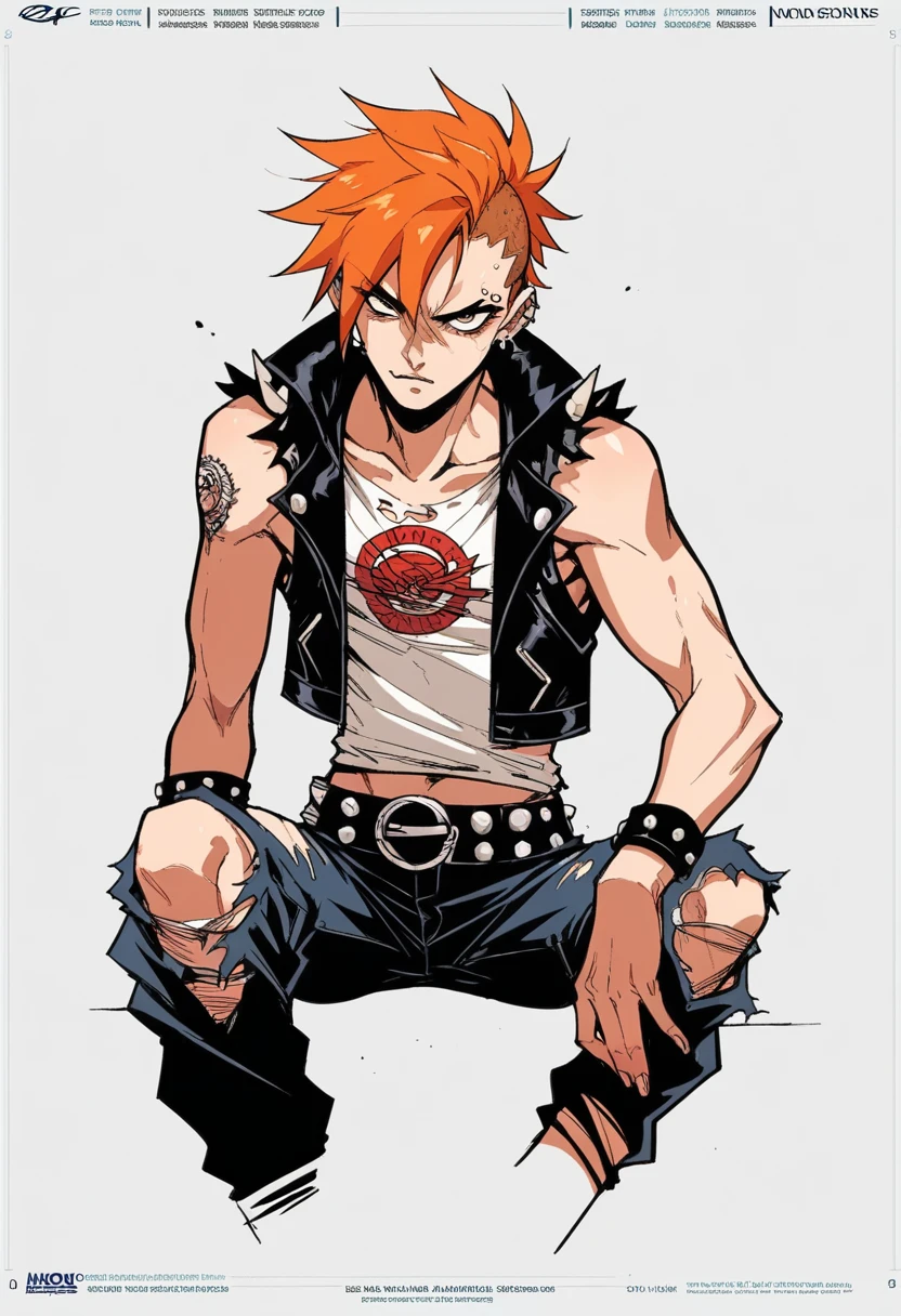 ((manga style,concept art)),Adolescent With orange hair , wearing punk Clothing ,Ripped pants