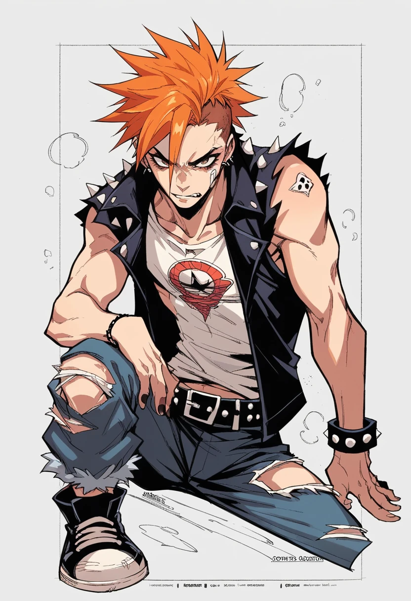 ((manga style,concept art)),Adolescent  With orange hair , wearing punk Clothing ,Ripped pants 