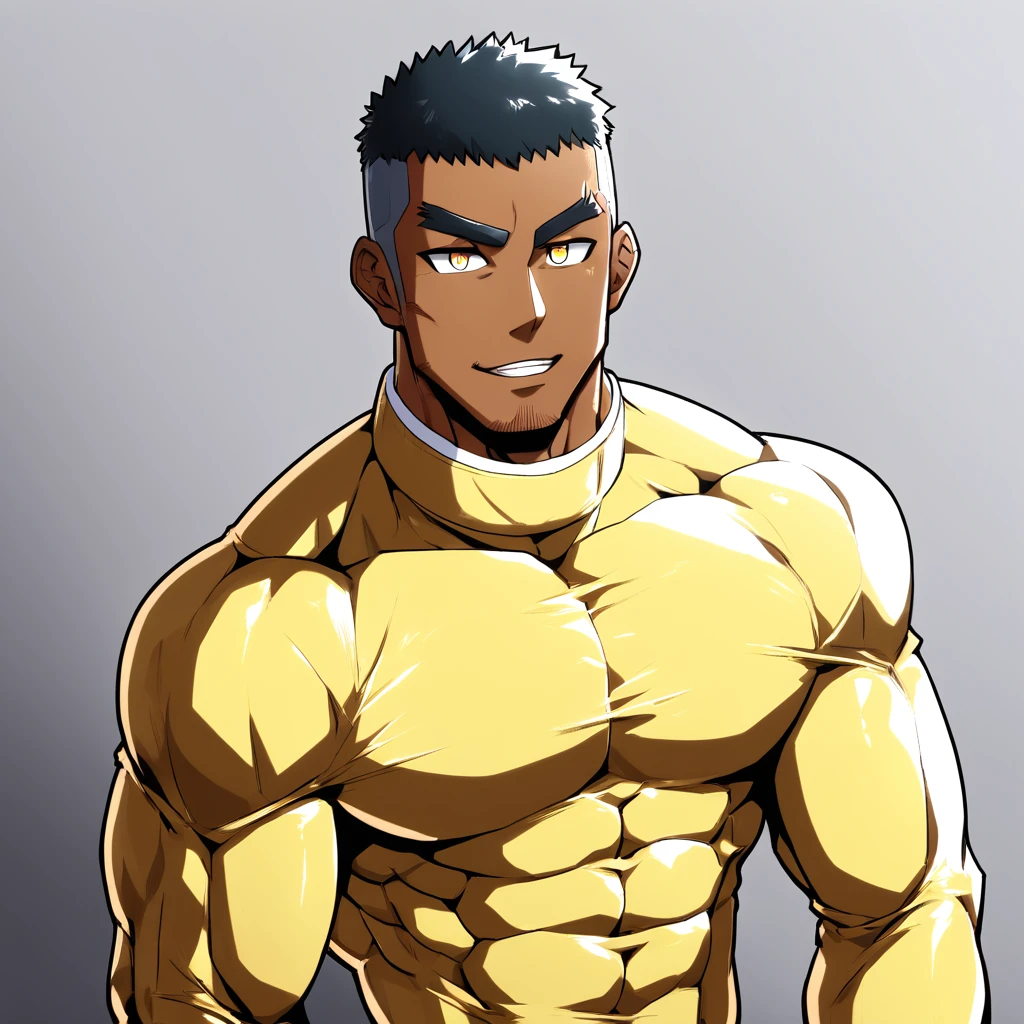 anime characters：Gyee, Muscle Sports Student, negro black skin, 1 dark skin muscular tough guy, Manliness, male focus, Light yellow high collar long sleeve tight T-shirt, Slightly transparent material, Very tight, Round, full and perky chest muscles, Slightly transparent, muscular male, muscular, only, Upper body, alone, Black short hair, Thick eyebrows, stubble, Yellow eyes, Grey background, simple background, amazing quality, best aesthetics, Ridiculous, bright pupils, crew cut, parted lips, seductive smile, torogao, naughty face, drop shadow, best quality