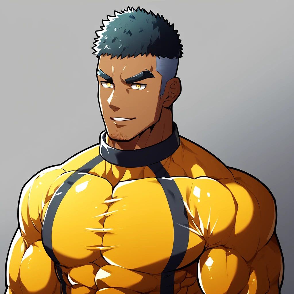 anime characters:Gyee, Muscle Sports Student, negro black skin, 1 dark skin muscular tough guy, Manliness, male focus, Light yellow high collar long sleeve tight T-shirt, Slightly transparent material, Very tight, Round, full and perky chest muscles, Slightly transparent, muscular male, muscular, only, Upper body, alone, Black short hair, Thick eyebrows, stubble, Yellow eyes, Grey background, simple background, amazing quality, best aesthetics, Ridiculous, bright pupils, crew cut, parted lips, seductive smile, torogao, naughty face, drop shadow, best quality