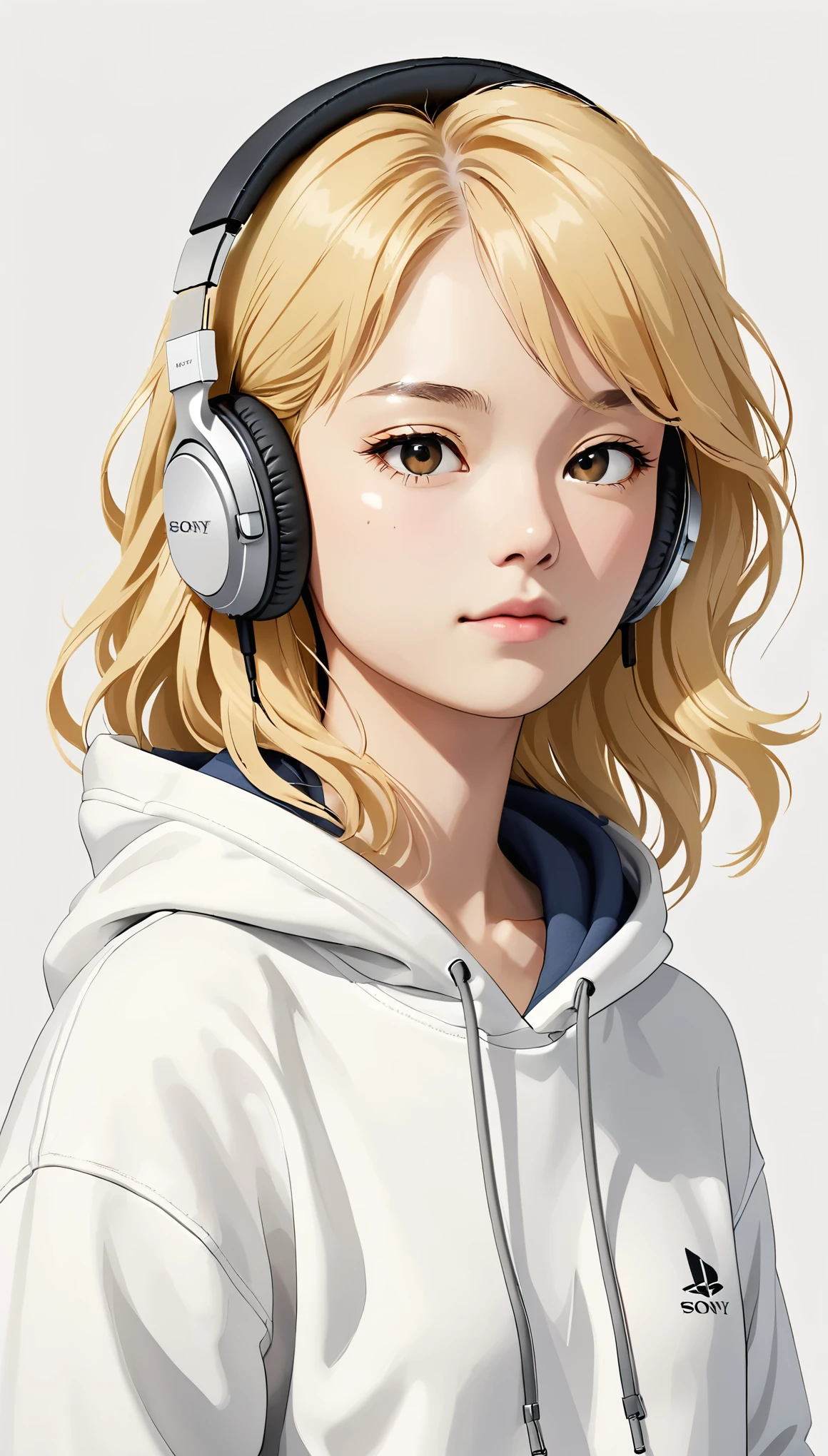 Headphones、Sony、Blonde、Close ~ eyes、White hoodie、Upper Body、Simple Background