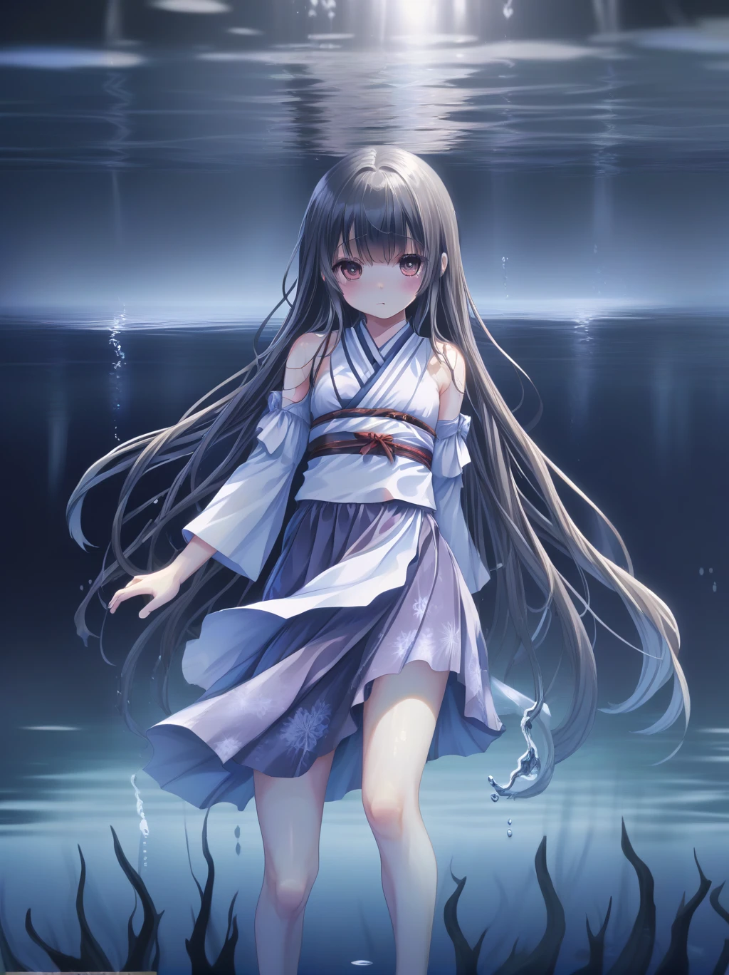  partially underwater, lakeの女神, Long Hair, Wet Hair,
lake,Dark Background, Blurred Edges,8--old、t Chest、skirt、Above the water line from the neck、Corpses in the water, Underwater Photography、浮力でskirtがめくれる、God