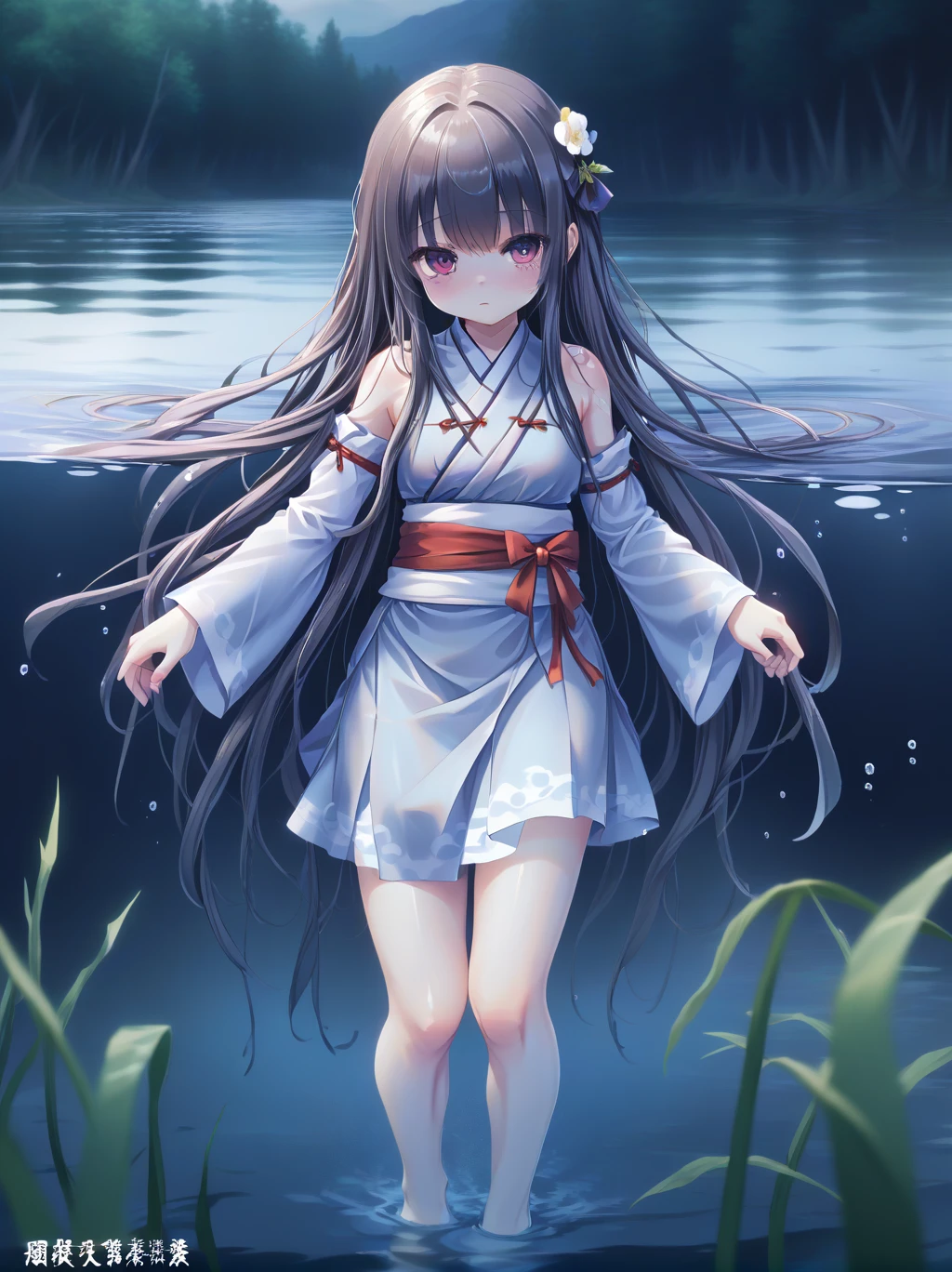  partially underwater, lakeの女神, Long Hair, Wet Hair,
lake,Dark Background, Blurred Edges,8--old、t Chest、skirt、Above the water line from the neck、Corpses in the water, Underwater Photography、浮力でskirtがめくれる、God