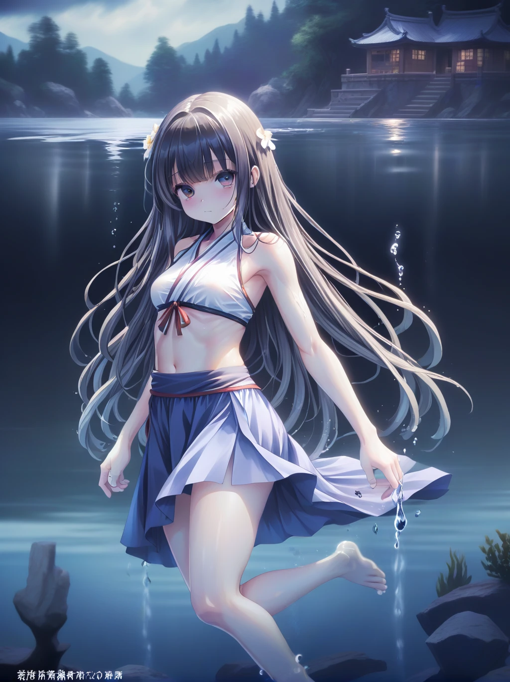  partially underwater, lakeの女神, Long Hair, Wet Hair,
lake,Dark Background, Blurred Edges,8-year-old、Flat Chest、skirt、Above the water line from the neck、Corpses in the water, Underwater Photography、浮力でskirtがめくれる、God