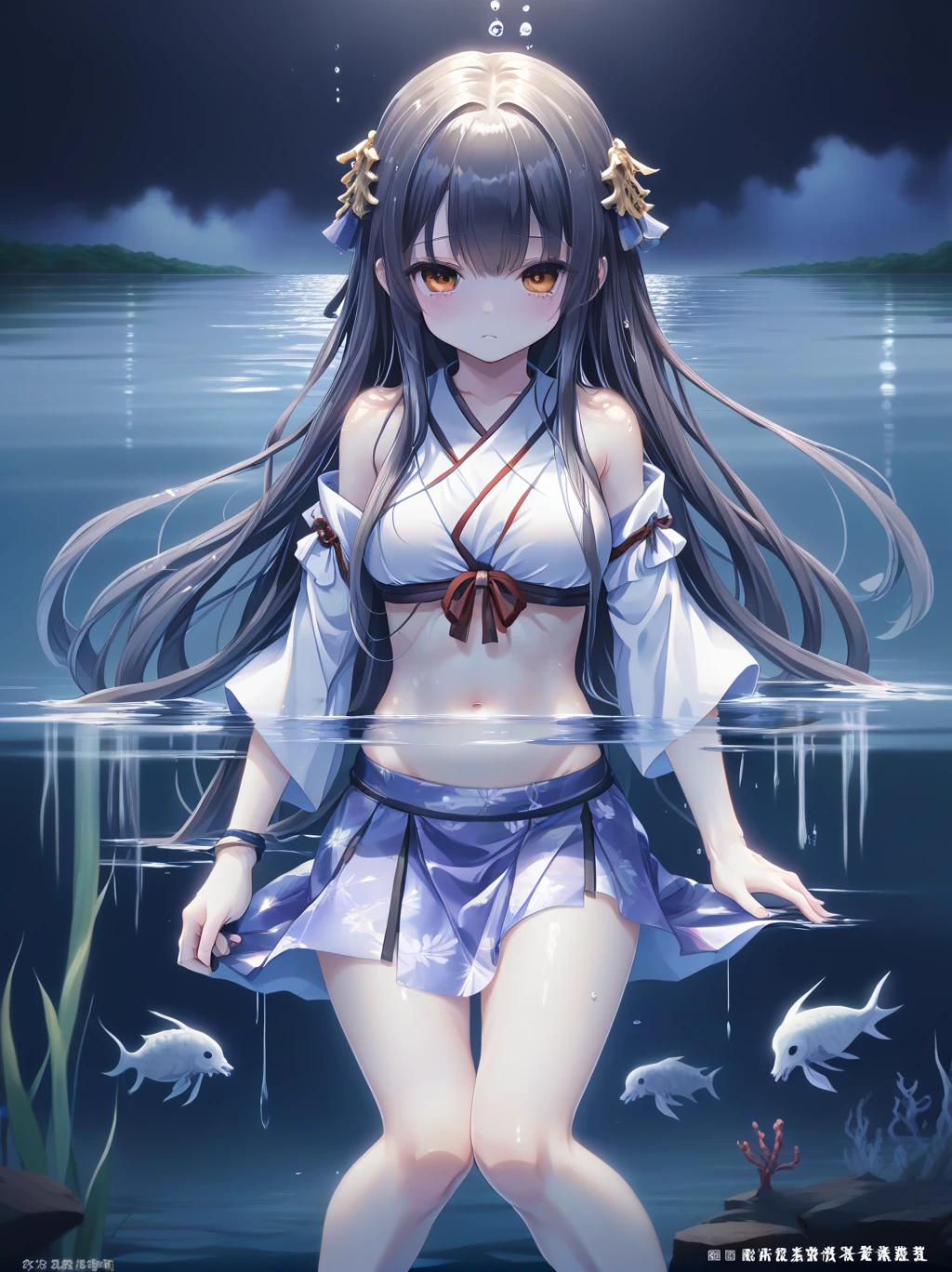  partially underwater, lakeの女神, Long Hair, Wet Hair,
lake,Dark Background, Blurred Edges,8-year-old、Flat Chest、skirt、Above the water line from the neck、Corpses in the water, Underwater Photography、浮力でskirtがめくれる、God