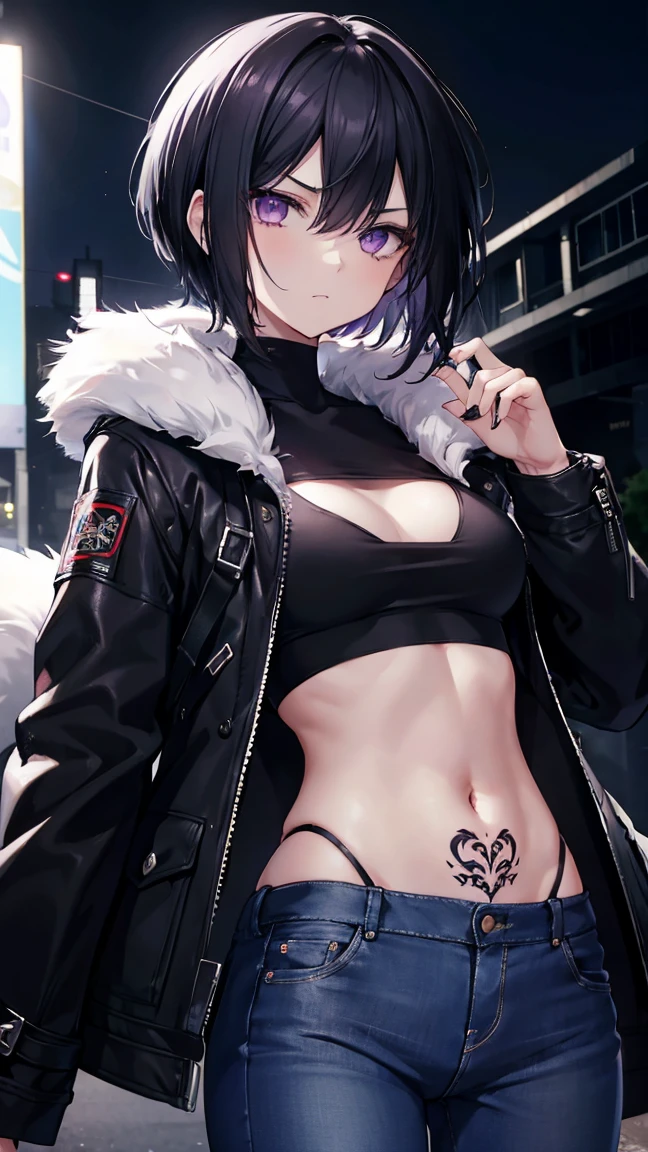 High resolution,high resolution,Girl,Black Hair,Short Hair,Purple Eyes,Slanted Eyes,Bad mood,boyish,slender,Toned body,fur,Jacket,Moonlit Night,jeans,,Tattoo,