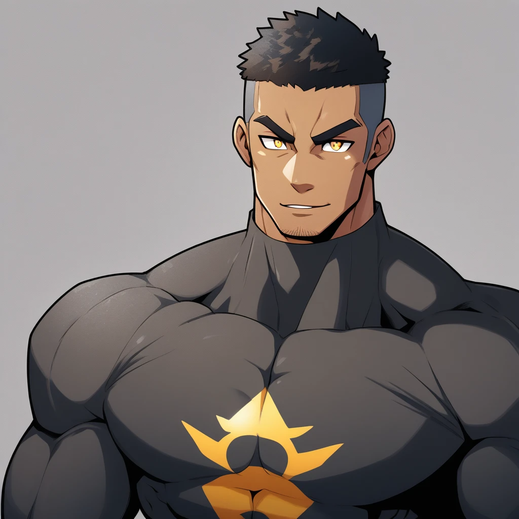 anime characters:Gyee, Muscle Sports Student, negro black skin, 1 dark skin muscular tough guy, Manliness, male focus, Dark grey high collar long sleeve wetsuit, Matte texture, Very tight, Round, full and perky chest muscles, Slightly transparent, muscular male, muscular, only, Upper body, alone, Black short hair, Thick eyebrows, stubble, Yellow eyes, Grey background, simple background, amazing quality, best aesthetics, Ridiculous, bright pupils, crew cut, parted lips, seductive smile, torogao, naughty face, best quality