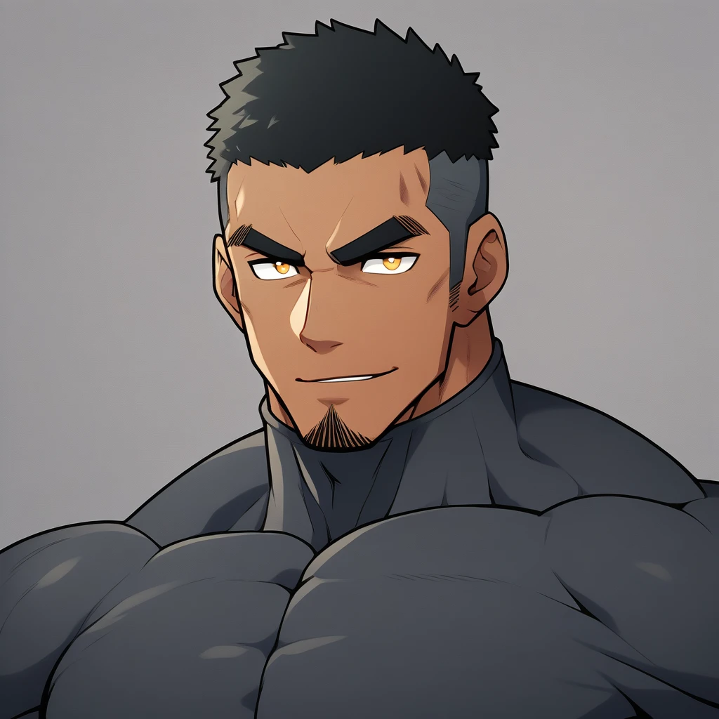 anime characters:Gyee, Muscle Sports Student, negro black skin, 1 dark skin muscular tough guy, Manliness, male focus, Dark grey high collar long sleeve wetsuit, Matte texture, Very tight, Round, full and perky chest muscles, Slightly transparent, muscular male, muscular, only, Upper body, alone, Black short hair, Thick eyebrows, stubble, Yellow eyes, Grey background, simple background, amazing quality, best aesthetics, Ridiculous, bright pupils, crew cut, parted lips, seductive smile, torogao, naughty face, best quality