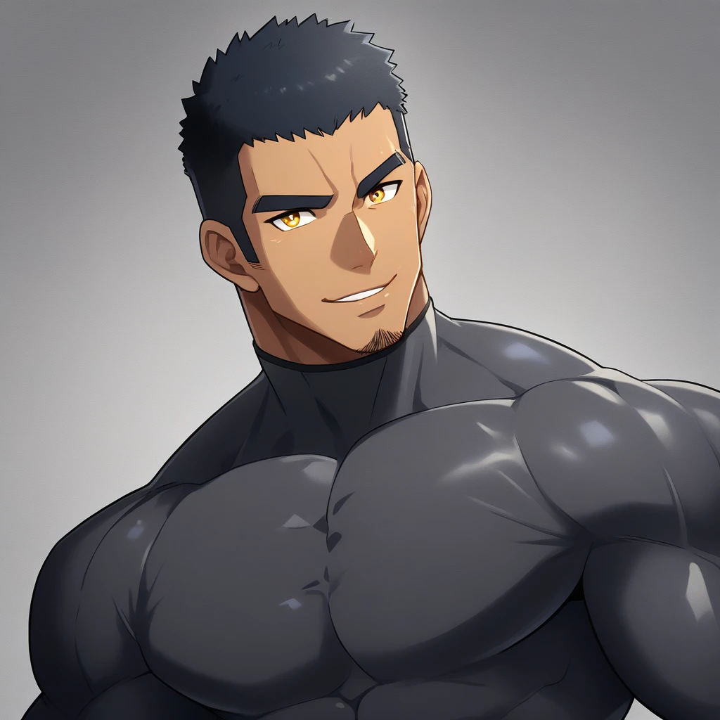 anime characters:Gyee, Muscle Sports Student, negro black skin, 1 dark skin muscular tough guy, Manliness, male focus, Dark grey high collar long sleeve wetsuit, Matte texture, Very tight, Round, full and perky chest muscles, Slightly transparent, muscular male, muscular, only, Upper body, alone, Black short hair, Thick eyebrows, stubble, Yellow eyes, Grey background, simple background, amazing quality, best aesthetics, Ridiculous, bright pupils, crew cut, parted lips, seductive smile, torogao, naughty face, best quality