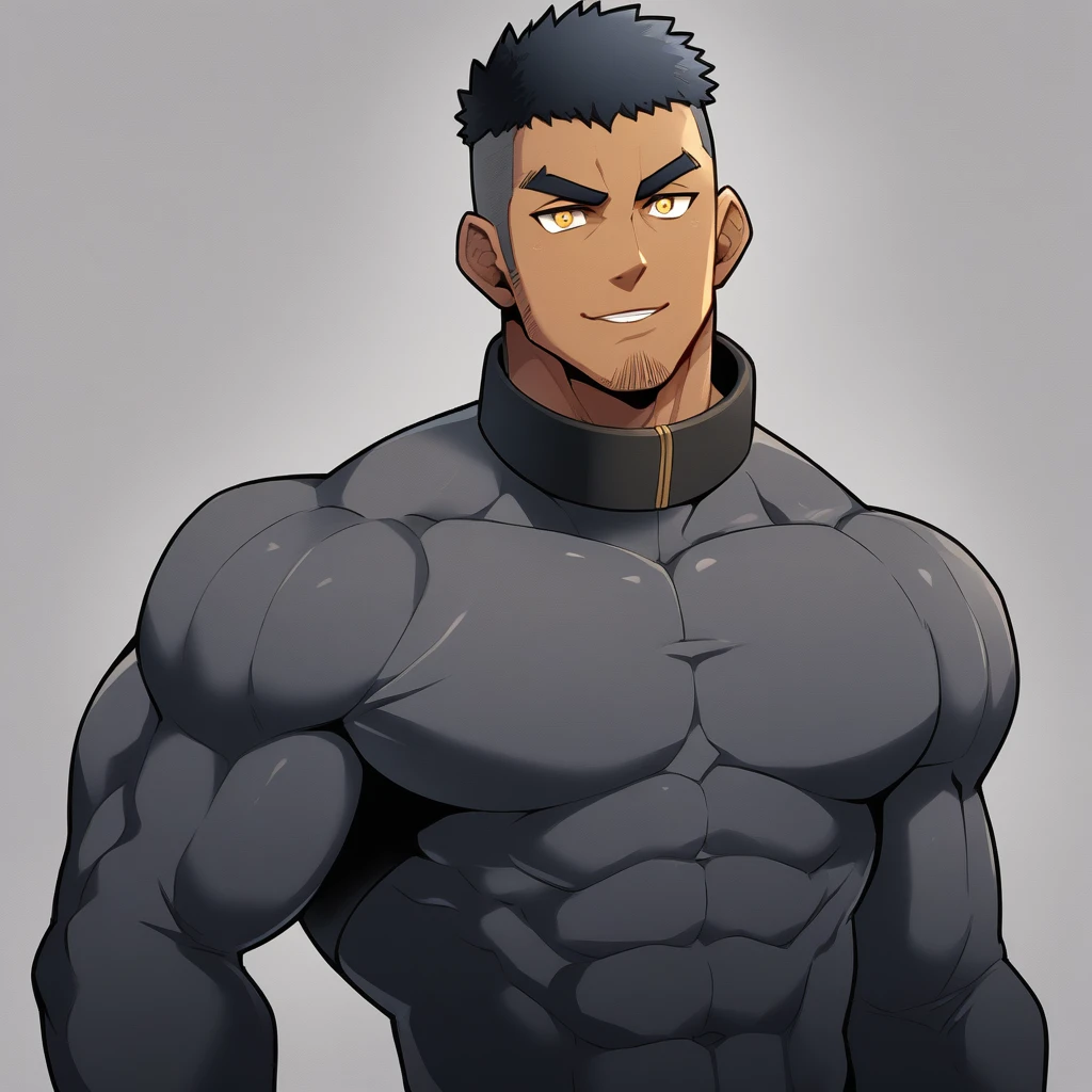 anime characters：Gyee, Muscle Sports Student, negro black skin, 1 dark skin muscular tough guy, Manliness, male focus, Dark grey high collar long sleeve wetsuit, Matte texture, Very tight, Round, full and perky chest muscles, Slightly transparent, muscular male, muscular, only, Upper body, alone, Black short hair, Thick eyebrows, stubble, Yellow eyes, Grey background, simple background, amazing quality, best aesthetics, Ridiculous, bright pupils, crew cut, parted lips, seductive smile, torogao, naughty face,  best quality