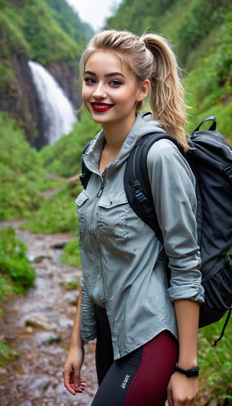 ultrarealistic high quality fullbody photo of a beautiful busty slim european 19-year-old mwoman with cute hyperdetailed shy face and dyed platin blonde long messy ponytail hair and happy face, realistic round hazel eyes, red lips, dark eye makeup with eyeliner, wearing soaking wet outdoor leggins hiking outfit with backpack, hourglass body, outdoor shooting on a gorge with heavy rain