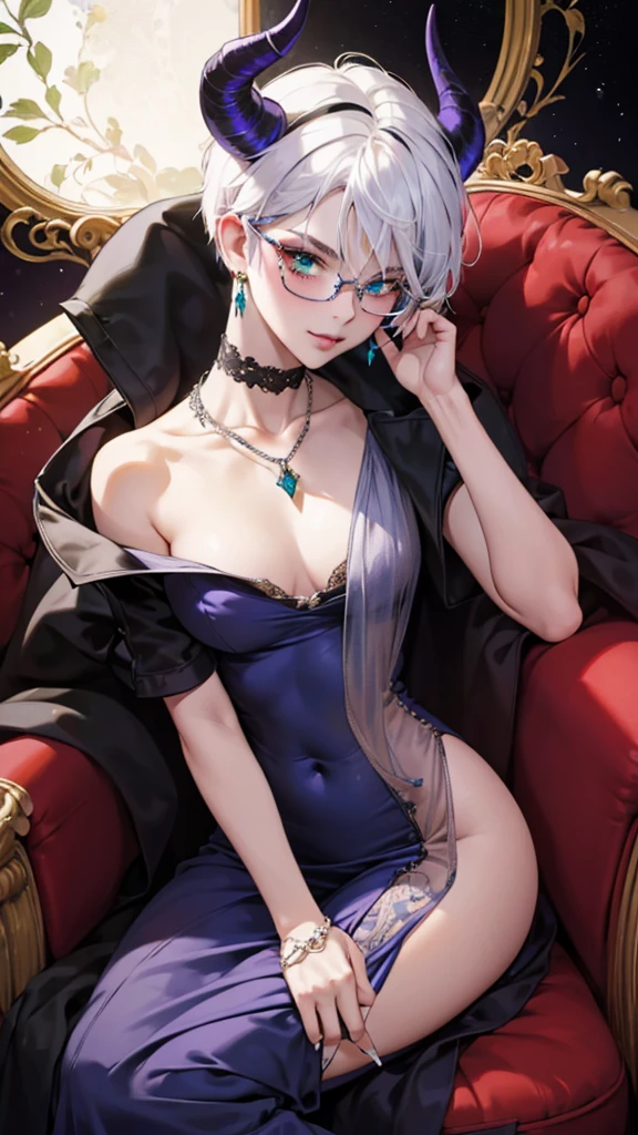 8k, masterpiece, best quality, highly detailed, 1 girl, tiefling, warlock, multicolored hair, very short straight hair green highlight hair on white hair, strippled hair, wearing glasses, round glasses, earrings, red eyeshadow, long eyelashes,navel piercing, blushed cheek, necklace, collarbone, mole, glamorous, purple and teal clothing, villainy, smirk, seductive face, close up view, rings, looking at viewer, demon horns, solo, victorian dress, palace, blue pale moon, sitting on throne
