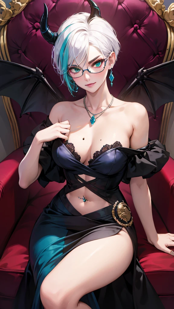 8k, masterpiece, best quality, highly detailed, 1 girl, tiefling, warlock, multicolored hair, very short straight hair green highlight hair on white hair, strippled hair, wearing glasses, round glasses, earrings, red eyeshadow, long eyelashes,navel piercing, blushed cheek, necklace, collarbone, mole, glamorous, purple and teal clothing, villainy, smirk, seductive face, close up view, rings, looking at viewer, demon horns, solo, victorian dress, palace, blue pale moon, sitting on throne