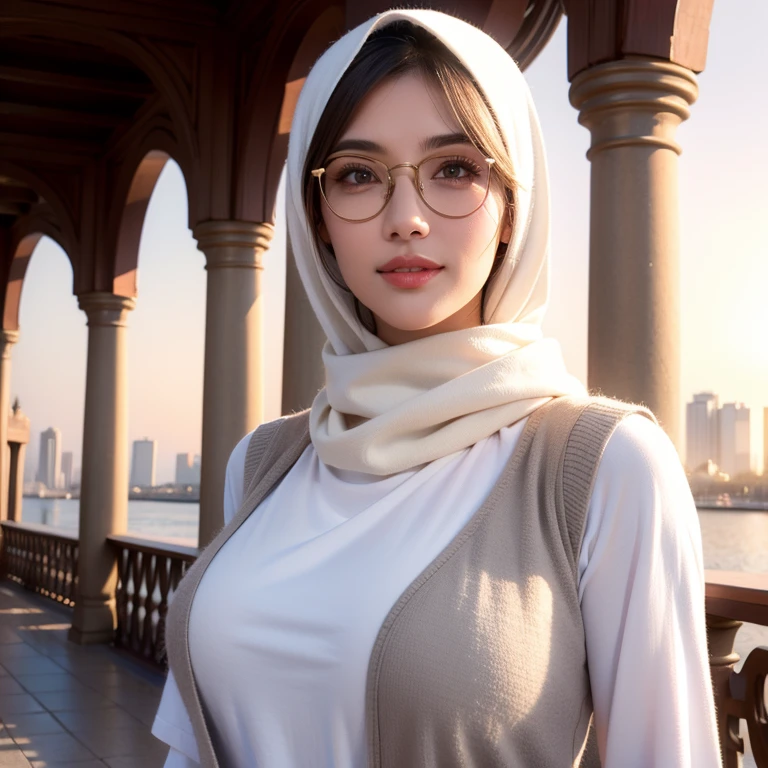 a beautiful young woman in a casual outfit, white hijab, elegant eye glasses, detailed face, alluring eyes, full lips, large bust, long hand turtle neck t-shirt, gray vest, outdoor date setting, soft lighting, warm colors, photorealistic, 8k, cinematic, beautiful detailed eyes, beautiful detailed lips, extremely detailed face and eyes, long eyelashes, intricate clothing textures, elegant posing, warm smile, romantic atmosphere