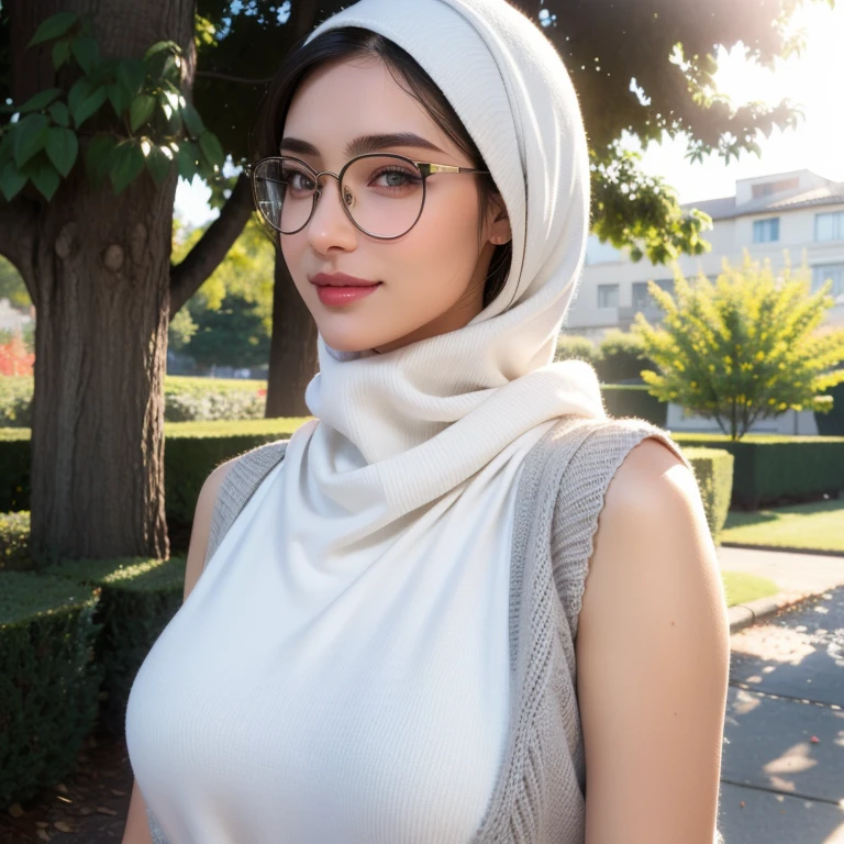A beautiful high school glasses Arabian 17 years old girl model, white skin, sharp nose, thin lips, circle face, skinny hands, skinny legs, tight bra, huge breast, off shoulder, wear hijab, golden bangles, bracelets, necklaces, swiss polo watch, sitting on the wheelchair, Eiffel tower as the background, detailed squinting eyes, detailed horny face