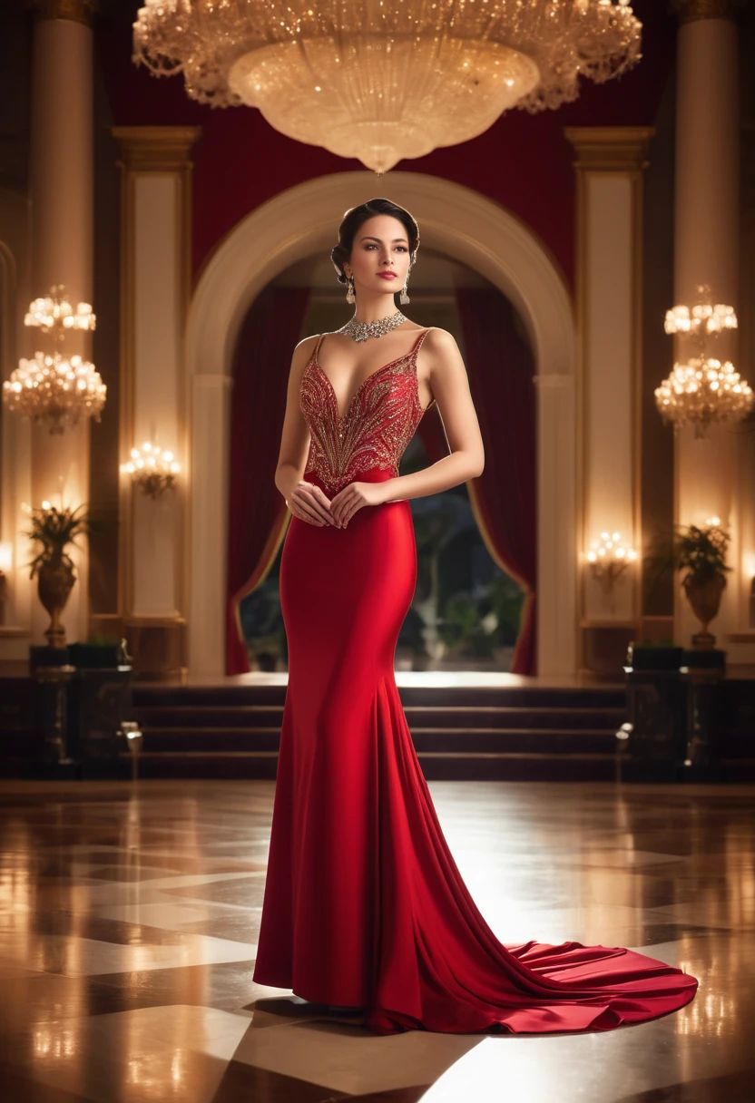 Full length"A young woman in a beautiful and elegant red evening gown at a formal event. She is wearing a uniquely designed and stunning dress, complemented by luxurious jewelry and accessories. The background features a grand and lavish hall with warm, inviting lighting, showcasing a scene of splendor and beauty."