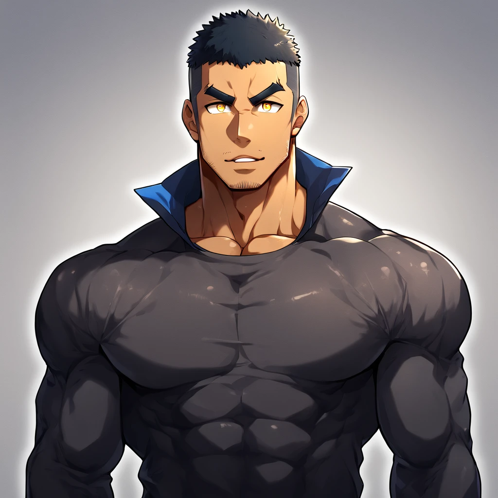 anime characters:Gyee, Muscle Sports Student, negro black skin, 1 dark skin muscular tough guy, Manliness, male focus, Light yellow high collar long sleeve tight T-shirt, Slightly transparent material, Very tight, Round, full and perky chest muscles, Slightly transparent, muscular male, muscular, only, Upper body, alone, Black short hair, Thick eyebrows, stubble, Yellow eyes, Grey background, simple background, amazing quality, best aesthetics, Ridiculous, bright pupils, crew cut, parted lips, seductive smile, torogao, naughty face, drop shadow, best quality