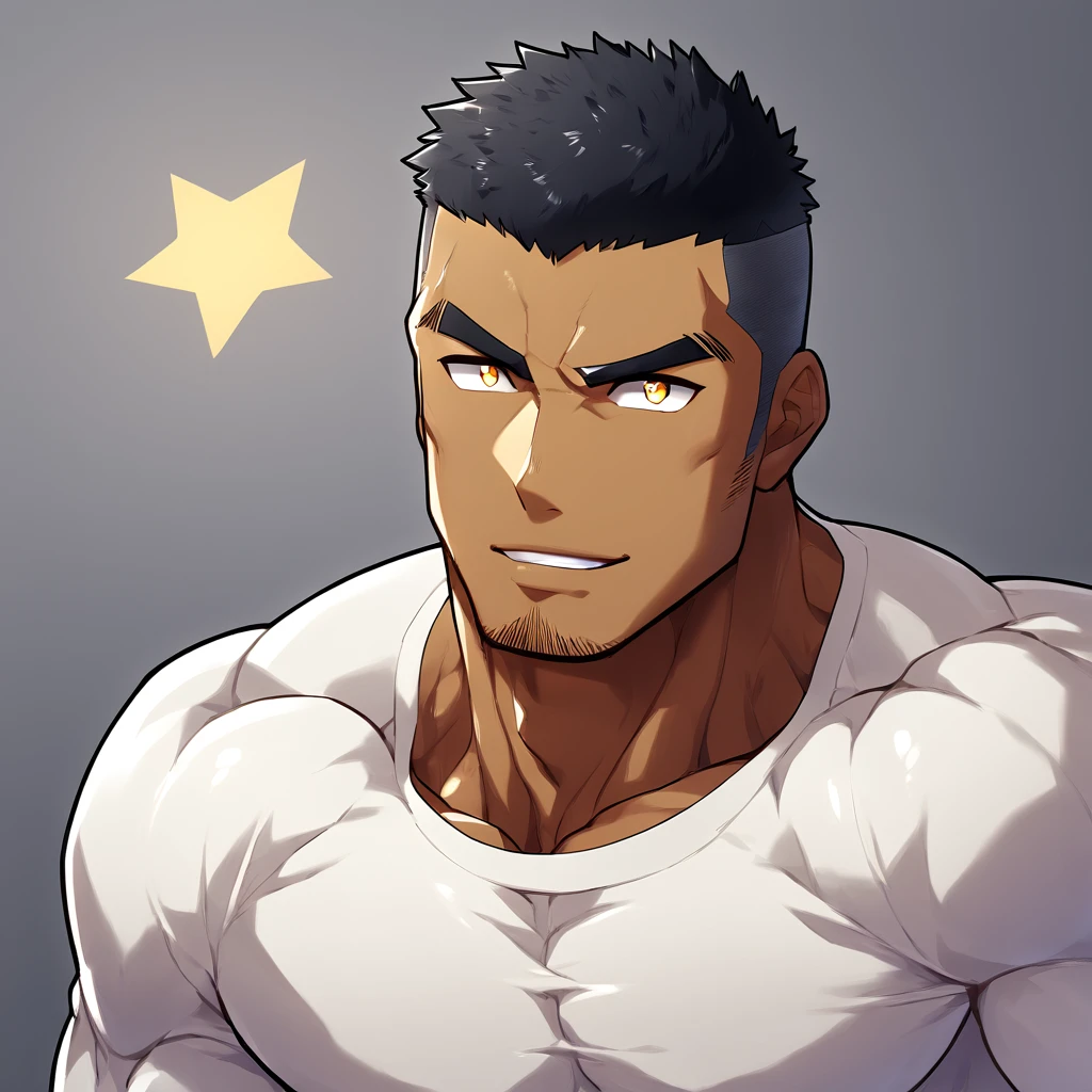 anime characters：Gyee, Muscle Sports Student, negro black skin, 1 dark skin muscular tough guy, Manliness, male focus, Light yellow high collar long sleeve tight T-shirt, Slightly transparent material, Very tight, Round, full and perky chest muscles, Slightly transparent, muscular male, muscular, only, Upper body, alone, Black short hair, Thick eyebrows, stubble, Yellow eyes, Grey background, simple background, amazing quality, best aesthetics, Ridiculous, bright pupils, crew cut, parted lips, seductive smile, torogao, naughty face, drop shadow, best quality