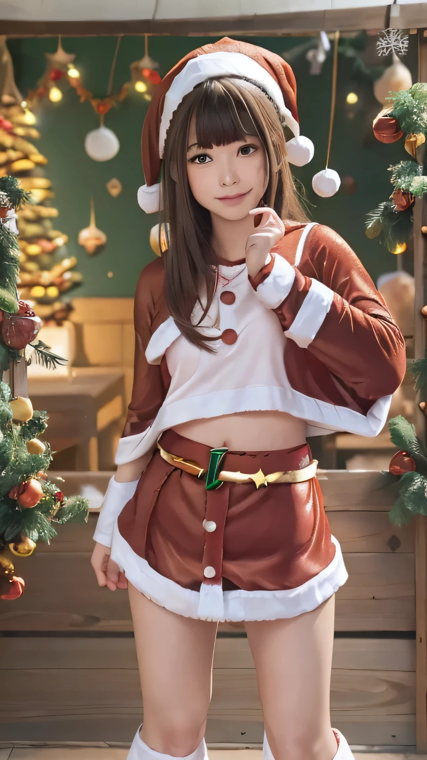 Purelos Face_v1, Highest quality, Realistic, 8K, High resolution, Full Color, One girl, woman, 20 years old woman, (Mouth closed:1.33), (Portraiture:0.6), wood, Dawn, ((Indoor background:1.52)), Full Color, ((Red miniskirt Santa costume:1.88)), View your viewers:1.8, (One girl eyes View your viewers:1.55), (Medium Hair, Brown Hair, Parted bangs:1.35), (Bokeh),Enako、Enako、Enako