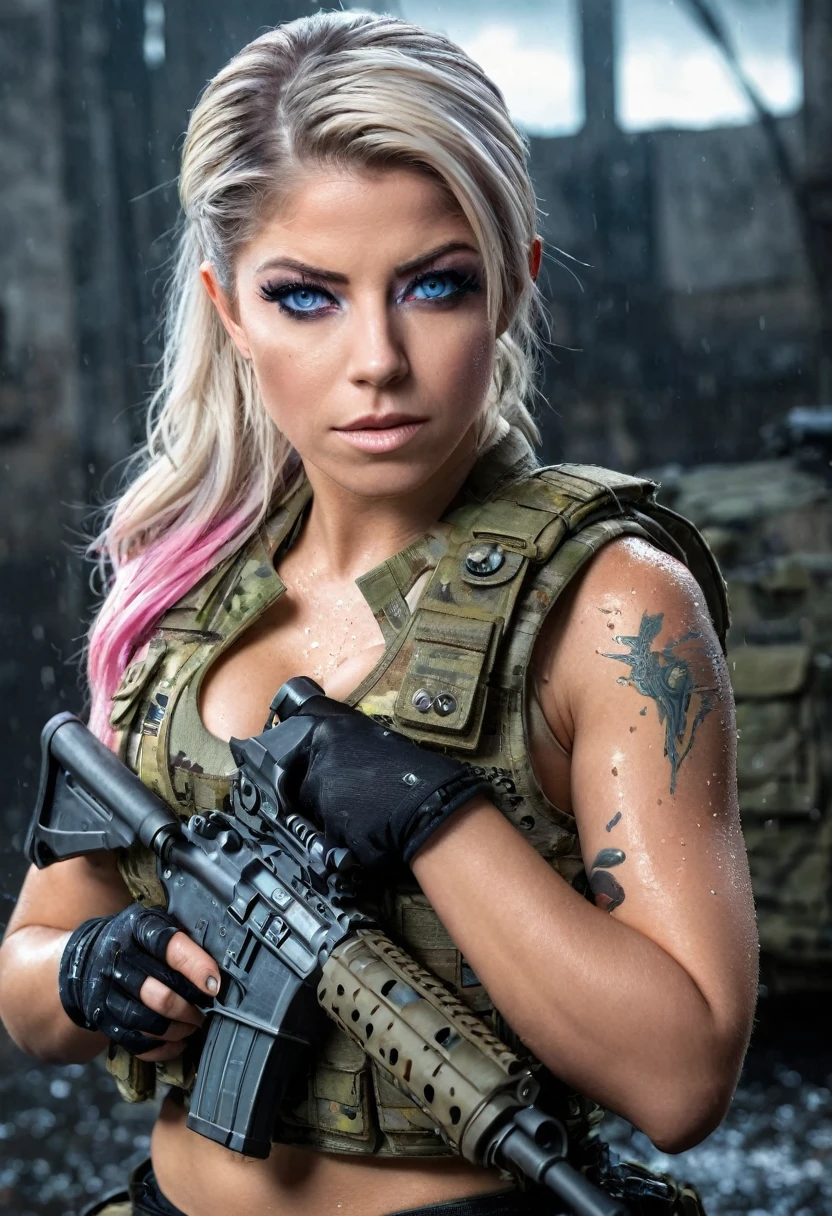 Cinematic battleField in ruin city, a ultra-Detailed hyperrealist photography of Alexa Bliss, (black straight Chanel hair), blue eyes, Brazilian Aesthetics, , armed with water pistol, shorth hair, natta, curvy, beautiFul curves, Army Aesthetics, special Forces outFit, high emphasis on Detail, Semi Impasto Style, Matte painting, Atmospheric, glowing, dramatic lighing, beautiFul eyes, symmetric eyes, perFect eyes, von Magali Villeneuve, wet, humid, reFlection, (​masterpiece) ( PerFect proportions) (Realistic photos) (highest quality) (Detail) Shot with Canon EOS R5, 50MM lens, F/2.8, HDR, (8K) (backdrop) (movie lights) (dramatic lighing) (sharp Focus) (complex) Fashion, special Forces, captain, Brazilian military, in battle, realistic uniForm, multicam, Fit, Chest protection, United States Military, camouFlaged, multicam, Brazil pattern,Brazil patch bulletprooF vest, skin covered, bullet prooF vest, weapon, gun, M4a1, M4a1 Müll, Special UHD!