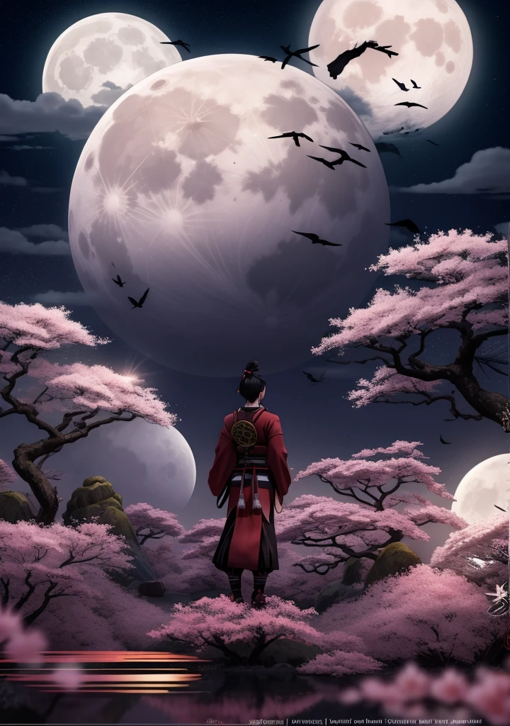 a sexy female samurai standing on a hill with a full moon in the background, sakura trees
