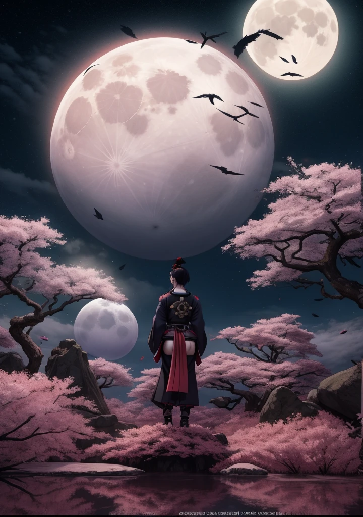 a sexy female samurai standing on a hill with a full moon in the background, sakura trees