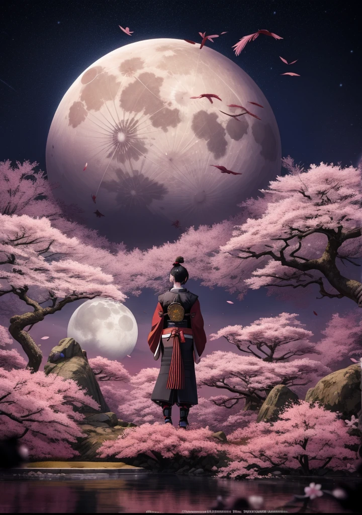 a sexy female samurai standing on a hill with a full moon in the background, sakura trees