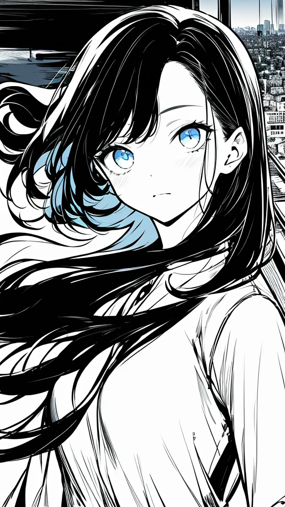 1girl,monochrome color, Blue Art, grayscales、masterpiece、top-quality、Top image quality、straight haired、Hanging eyes、kawaii、A darK-haired、blue eyes、the wind、Buildings,Tokyo,空を飛ぶ鯨