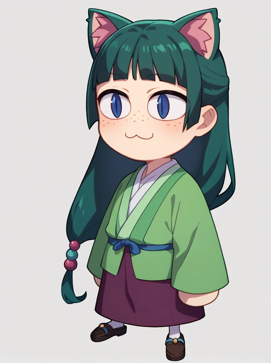 score_9, score_8_up, score_7_up, BREAK,
1girl, necoarc, cat ears, shalltear,
1girl, maomao, blue eyes, blunt bangs, freckles, green hair, long hair, hair ornament, green japanese clothes, long sleeves, purple skirt,
chibi, slit pupils, solo, full body, white background 