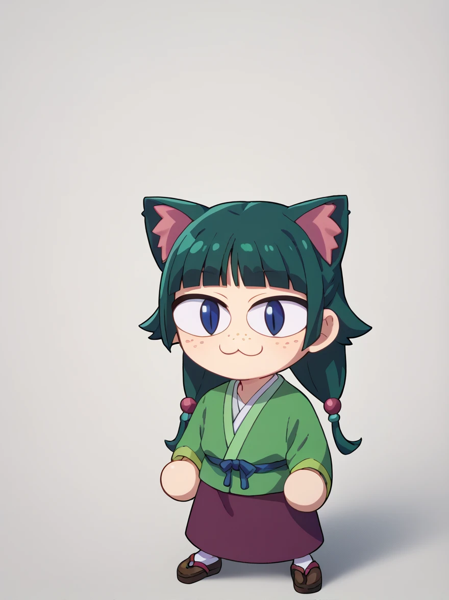 score_9, score_8_up, score_7_up, BREAK,
1girl, necoarc, cat ears, shalltear,
1girl, maomao, blue eyes, blunt bangs, freckles, green hair, long hair, hair ornament, green japanese clothes, long sleeves, purple skirt,
chibi, slit pupils, solo, full body, white background 