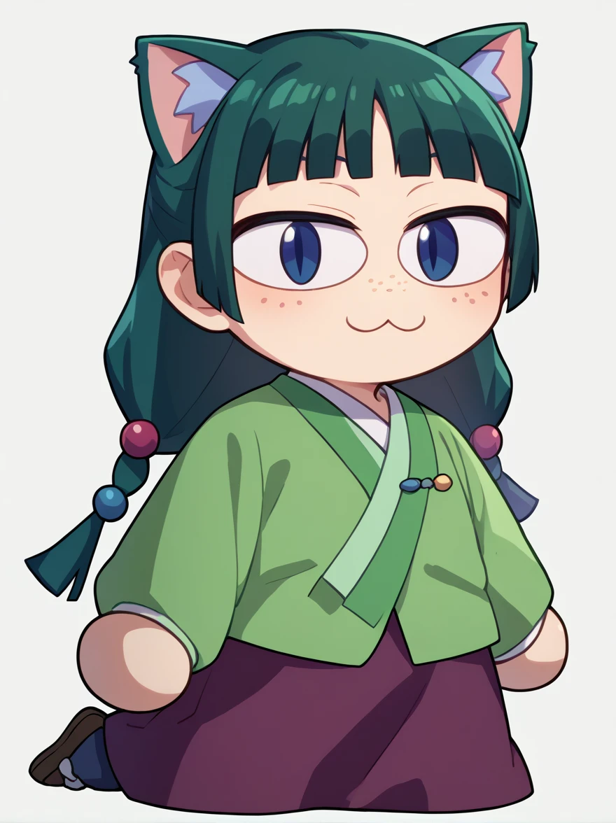 score_9, score_8_up, score_7_up, BREAK,
1girl, necoarc, cat ears, shalltear,
1girl, maomao, blue eyes, blunt bangs, freckles, green hair, long hair, hair ornament, green japanese clothes, long sleeves, purple skirt,
chibi, slit pupils, solo, full body, white background 